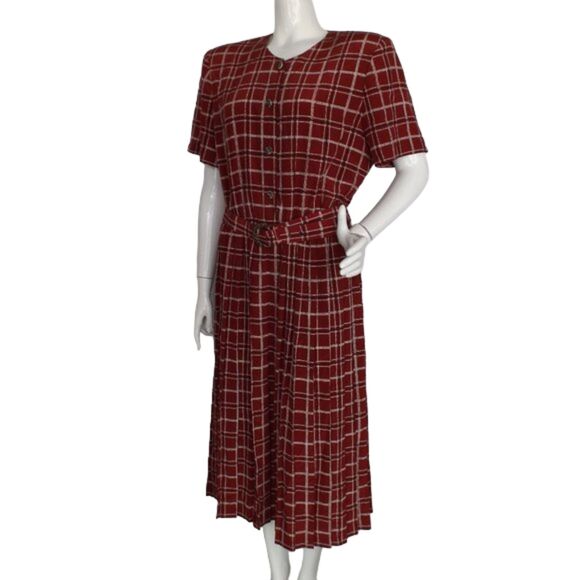 LESLIE FAY Midi Dress, XL, Dark Red Plaid, Short sleeve, Matching Belt, SS - Picture 4 of 12